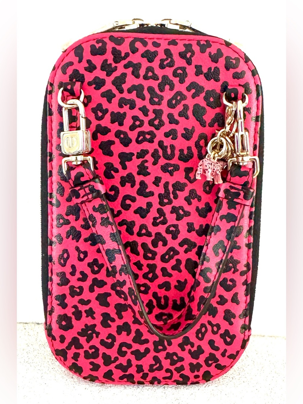 CHRISTIAN DIOR Pink Leopard Phone Holder Mini Crossbody Bag 2 Straps Charms NEW